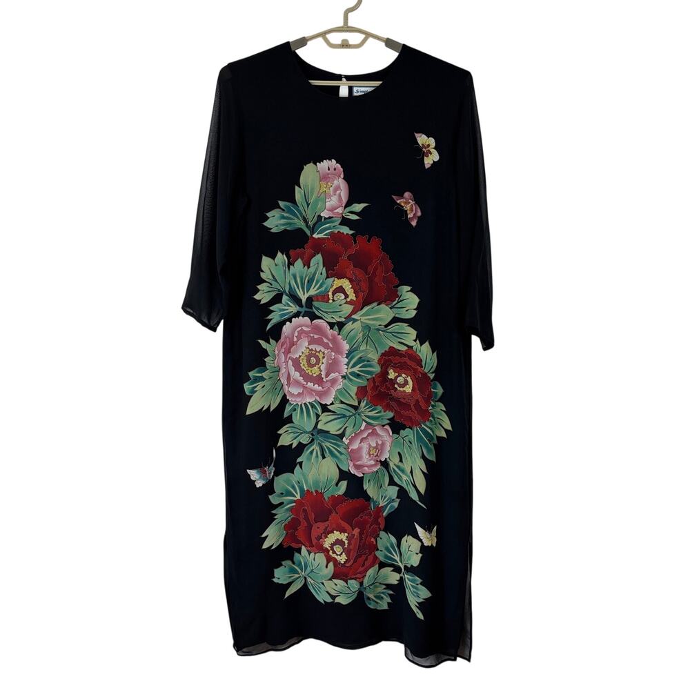 Simply Silk Midi Maxi Dress Black Floral Butterfly Large